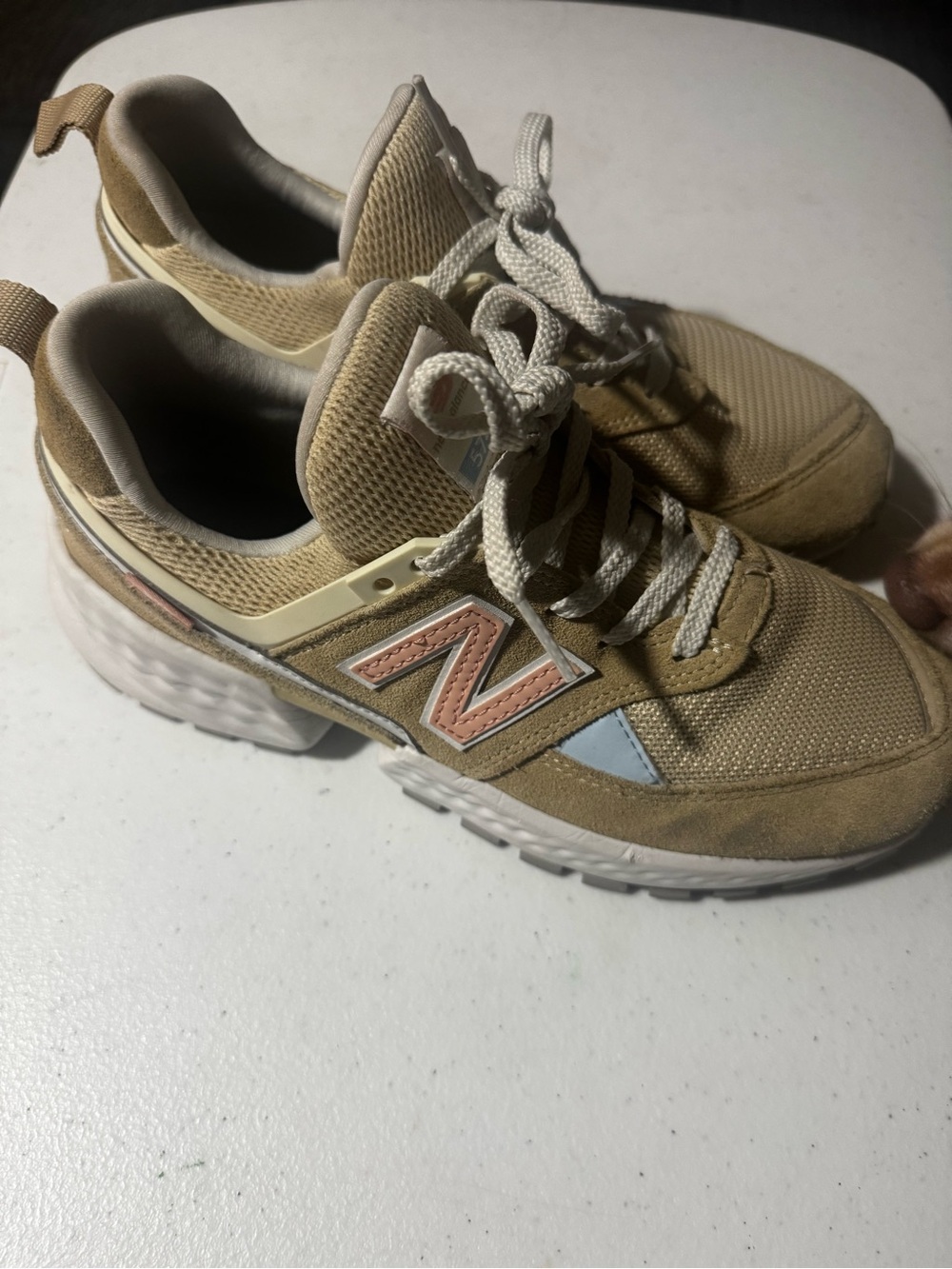 New Balance Tan Mesh Sneakers with Pink and Light Blue Accents